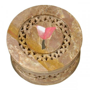 Soapstone box inlaid round 8cm