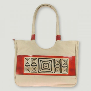 Tarpaulin purse. Decorative border trimming in leather. 37x51