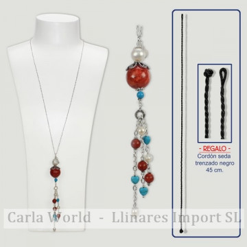 Colgante BRISA plata. Coral Manzana, Perla y Howlita azul. 80cm