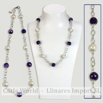 SKADE silver Necklace. Amethyst and Pearl. 45cm