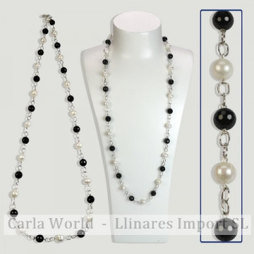 SKADE silver Necklace. Onyx and Pearl. 80cm