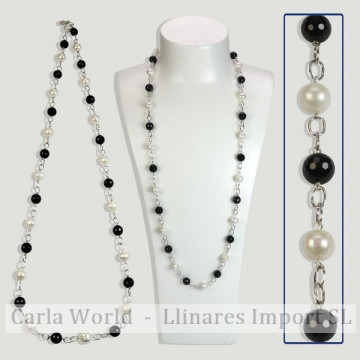 Collier SKADE argent. Onyx et Perle. 80cm