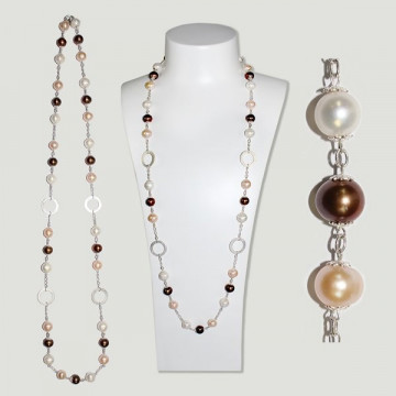 SKADE silver Necklace. Brown, Pink and White Pearls.