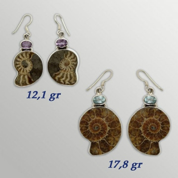 Silver earrings. AMMONITE with GEM. 12 to 18gr.