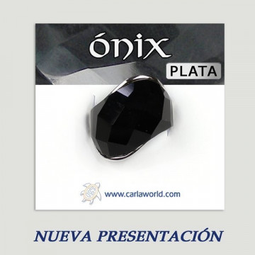 Anel Prata com Ródio. Ônix Facetado. De 7 a 14g