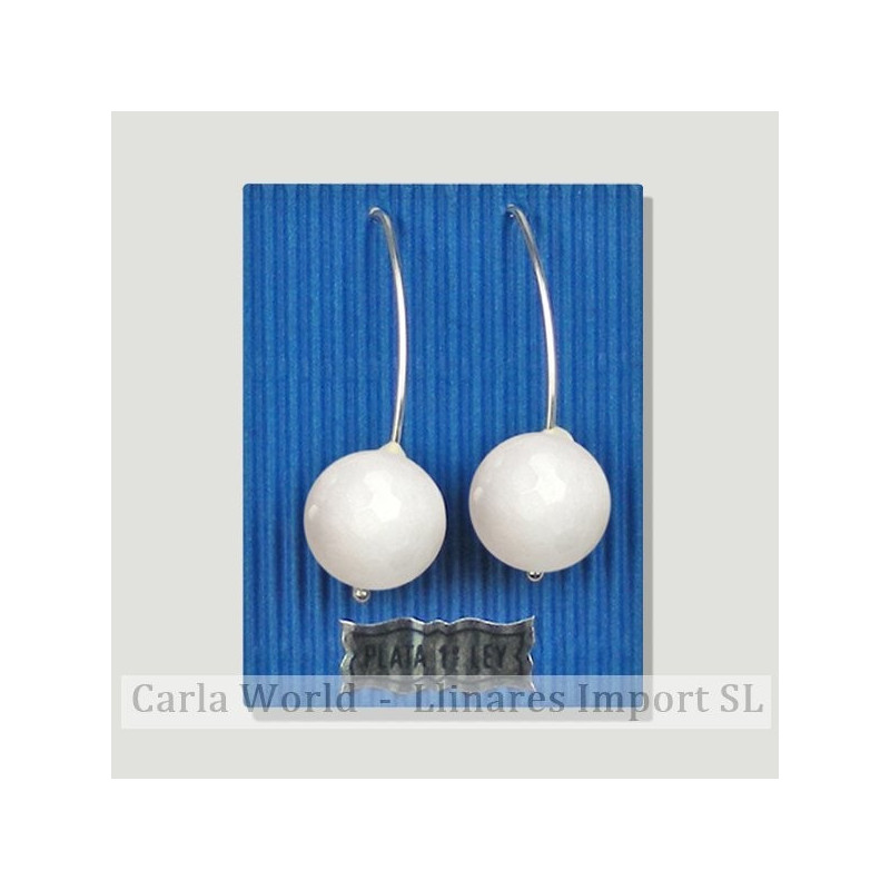 JADE BLANCO. Pendiente plata gancho pez. Bola facetada 14mm JADE BLANCO. Pendiente plata gancho pez. Bola facetada 14mm
