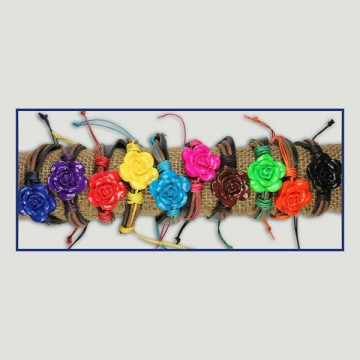 Pulsera cuero con cuerda y flor de varios colores