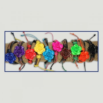 Pulseira Couro com Corda e Flor de Várias Cores