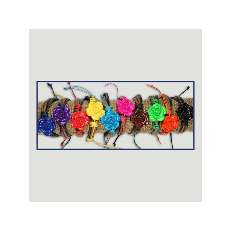 Pulseira Couro com Corda e Flor de Várias Cores Pulseira Couro com Corda e Flor de Várias Cores