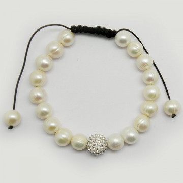 Pulsera perla blanca 10-11mm y bola de cristalitos