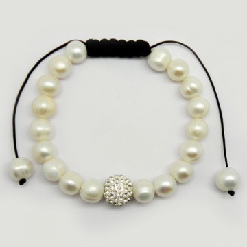 Pulsera perla blanca 8-9mm y bola de cristalitos c