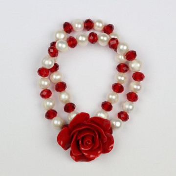 Pulseira Pérola com Flor. Modelo Cor Vermelho