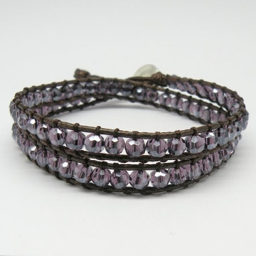 Pulseira Cristal Facetado com Corda Roxo. 2 Voltas