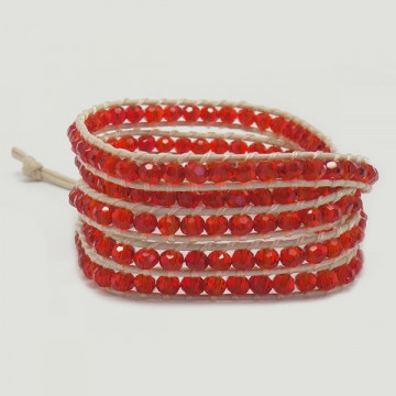 Pulsera cristal facetado Rojo. Cuerda beige 5 vuel