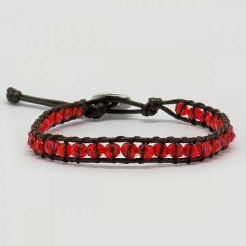 Pulseira Cristal Facetado Vermelho. Corda Marrom 1 Volta