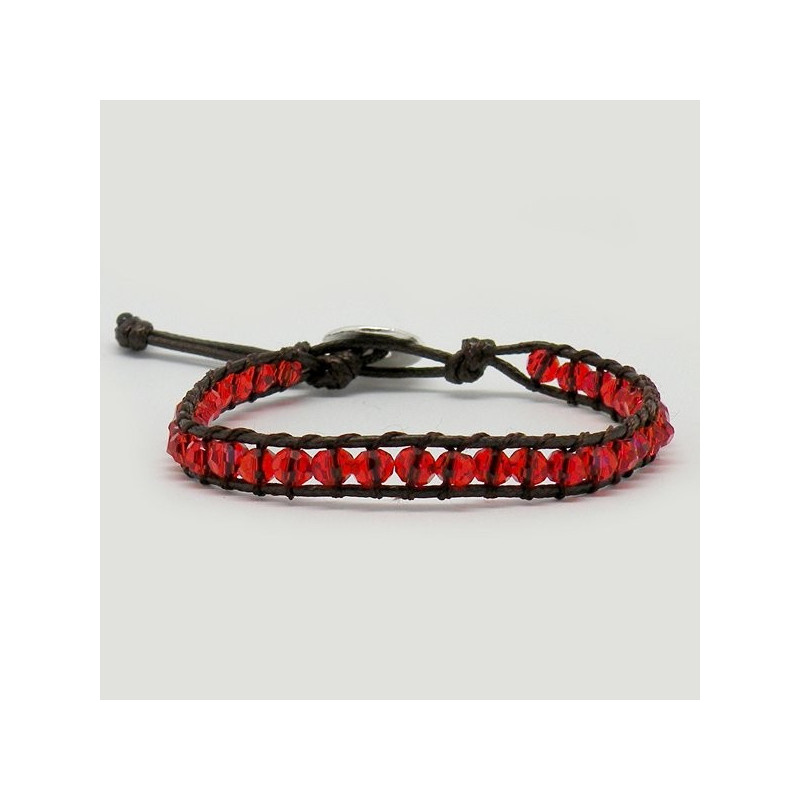 Pulsera cristal facetado Rojo. Cuerda marrón 1 vue Pulsera cristal facetado Rojo. Cuerda marrón 1 vue