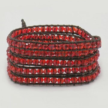 Pulsera cristal facetado Rojo. Cuerda marrón 5 vue