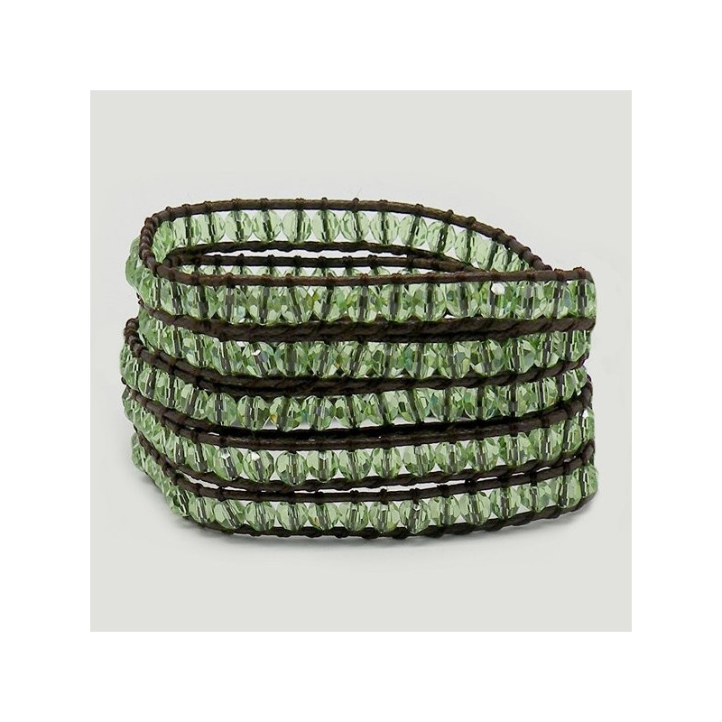 Pulsera cristal facetado Verde claro. Cuerda marró Pulsera cristal facetado Verde claro. Cuerda marró