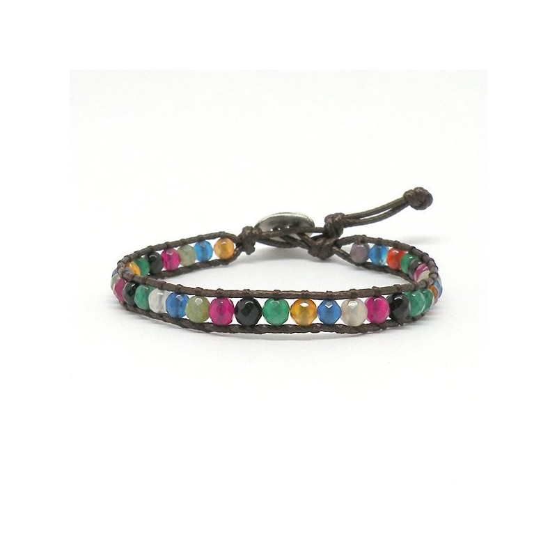 Pulseira Ágata Facetado Várias Cores. Corda Marrom 1 Volta Pulseira Ágata Facetado Várias Cores. Corda Marrom 1 Volta
