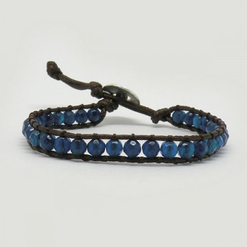 Pulsera Ágata Azul facetada cuerda marron 1 vuelta