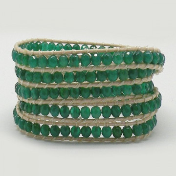 Pulsera Agata verde facetado. Cuerda beige 5 vuelt