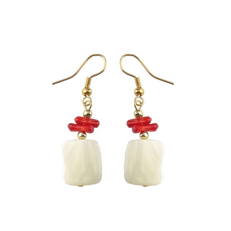 Pendientes nacar trozos chip Bambú rojo dorado Pendientes nacar trozos chip Bambú rojo dorado