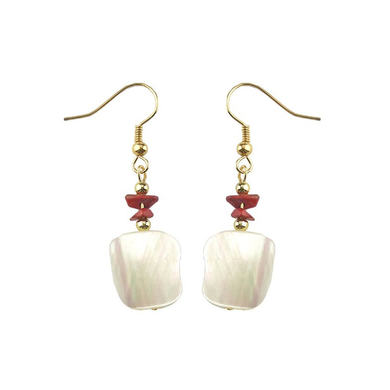 Pendientes nacar trozos chip Jaspe rojo dorado Pendientes nacar trozos chip Jaspe rojo dorado