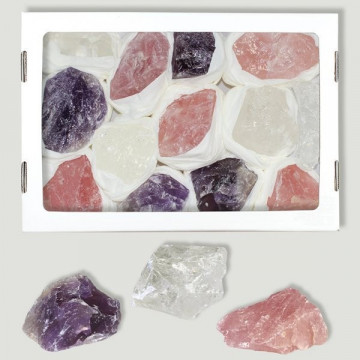 Caja Amatista, Cristal Roca y Cuarzo Rosa. En Brut