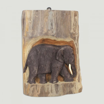 Panel madera 1 elefante en tronco 15x20-25cm aprox