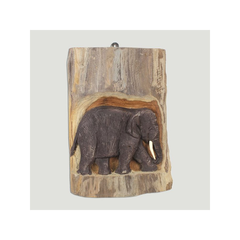 Panel madera 1 elefante en tronco 15x20-25cm aprox Panel madera 1 elefante en tronco 15x20-25cm aprox