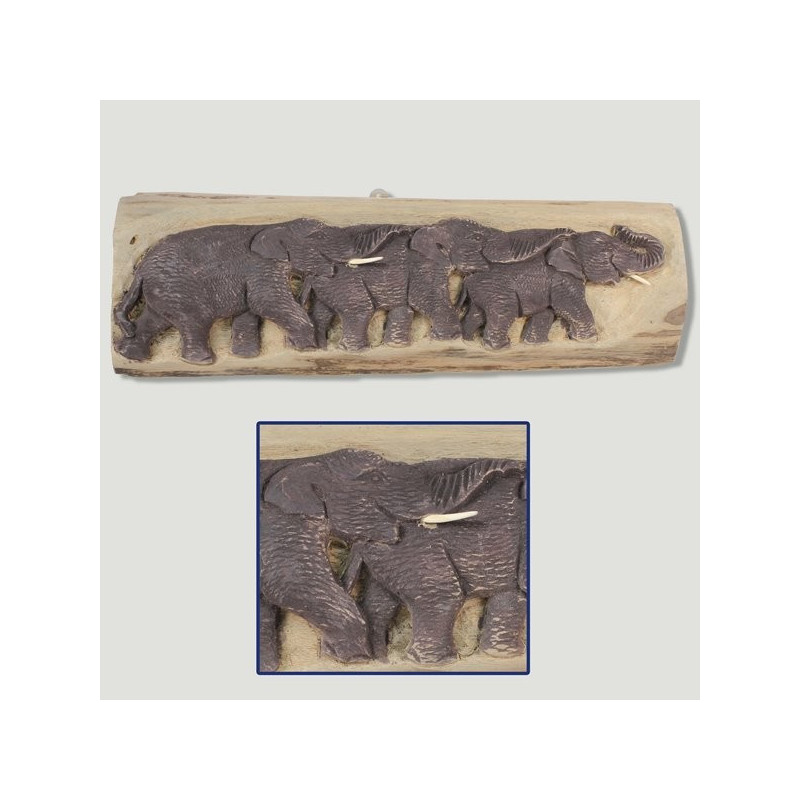 Panel madera 3 elefantes en tronco 45x15cm aprox Panel madera 3 elefantes en tronco 45x15cm aprox