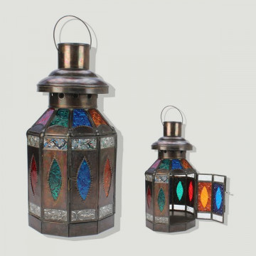 Farol portavelas bronce decagono. Multicolor. 17x33cm