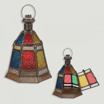 Farol portavelas bronce octagono. Multicolor. 17x23cm