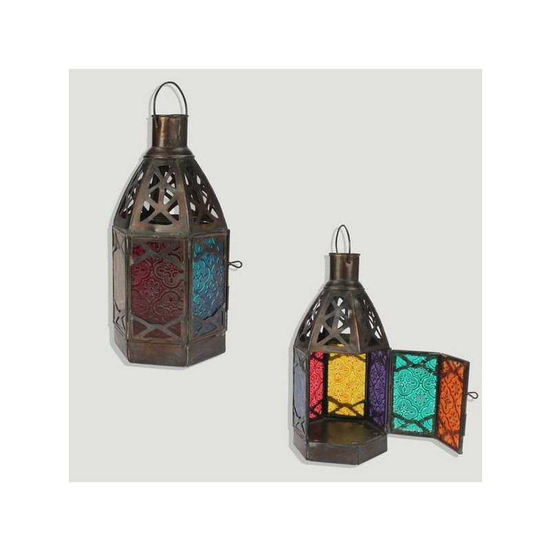 Farol portavelas bronce hexagono. Multicolor. 12x23cm Farol portavelas bronce hexagono. Multicolor. 12x23cm