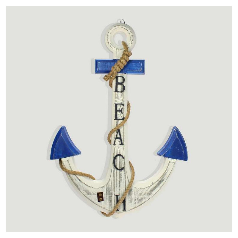 Ancla madera BEACH con cuerda azul y blanco. 42X60cm Ancla madera BEACH con cuerda azul y blanco. 42X60cm