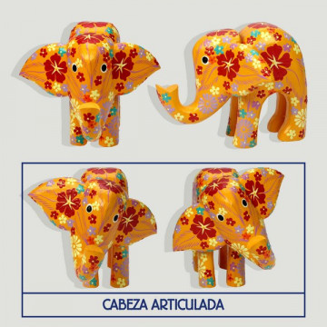 Elefante madera flor cabeza articulado 17x13cm. Colores surtidos
