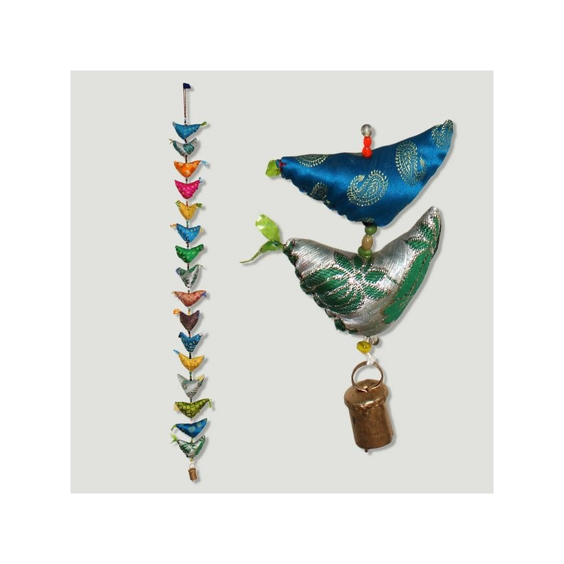 Movil con campana 16 pajaros estampados y dorado Movil con campana 16 pajaros estampados y dorado
