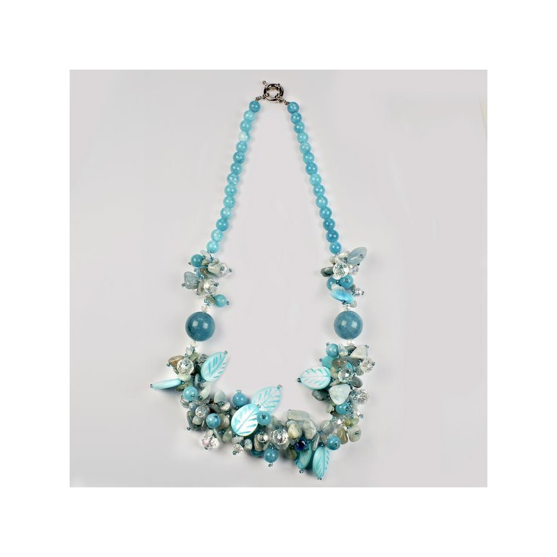 Collar Ágata y chip cristal. Hojas Aguamarina 50cm Collar Ágata y chip cristal. Hojas Aguamarina 50cm