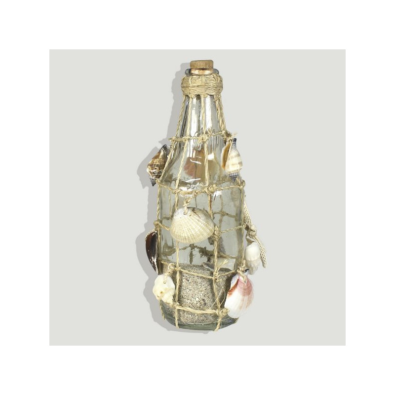 Botella vidrio con red. Interior conchas y arena. Surtidas. 7x21cm Botella vidrio con red. Interior conchas y arena. Surtidas. 7x21cm