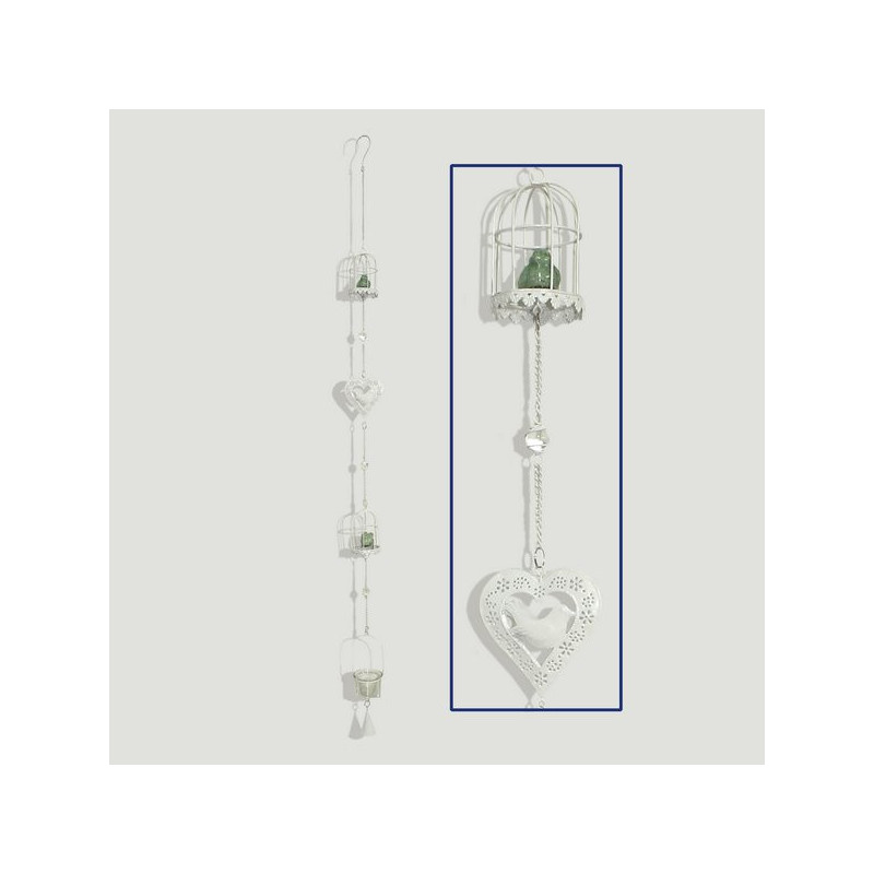 Portavela colgante metal blanco corazón y 2 jaulas con pájaro 130cm Portavela colgante metal blanco corazón y 2 jaulas con pájaro 130cm