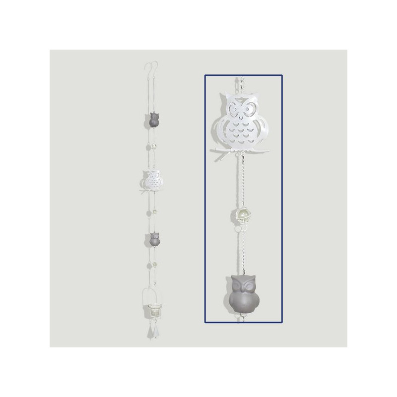 Portavela colgante metal búho y 2 búhos grises 115cm aprox. Portavela colgante metal búho y 2 búhos grises 115cm aprox.