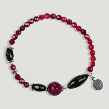 Pulsera SKADE Plata. Ágata fucsia y Onix