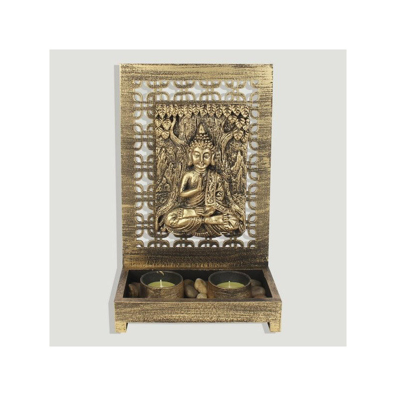 Portavelas madera y resina buda dorado. 2 velas 18,5x9,5x27cm Portavelas madera y resina buda dorado. 2 velas 18,5x9,5x27cm