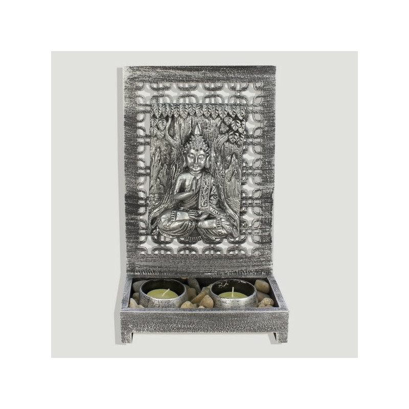 Portavelas madera y resina buda plateado. 2 velas 18,5x9,5x27cm Portavelas madera y resina buda plateado. 2 velas 18,5x9,5x27cm