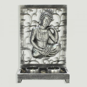 Portavelas madera y resina buda plateado. 2 velas 18,5x9,5x29cm