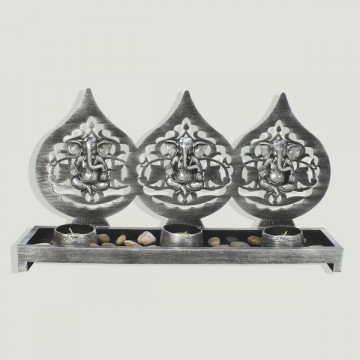 Portavelas madera y resina 3 Ganeshas gota plateado. 3 velas 38x9x21cm