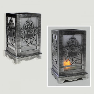 Portavelas madera y cristal cara Ganesha plateado 11x11x17,5cm
