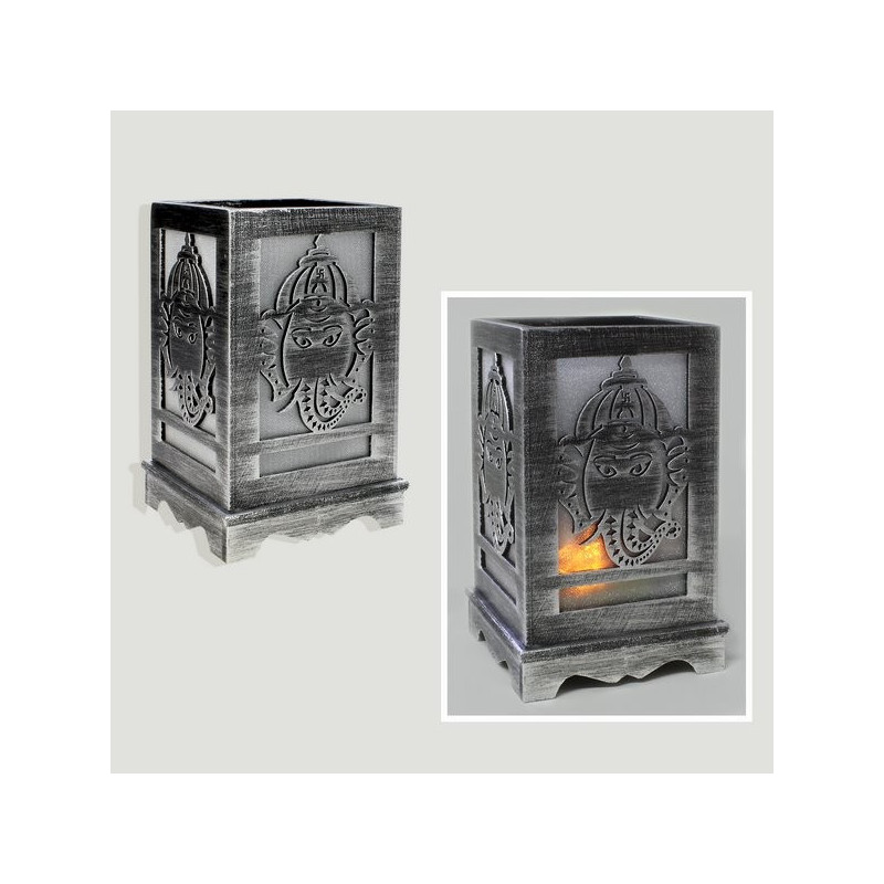 Portavelas madera y cristal cara Ganesha plateado 11x11x17,5cm Portavelas madera y cristal cara Ganesha plateado 11x11x17,5cm