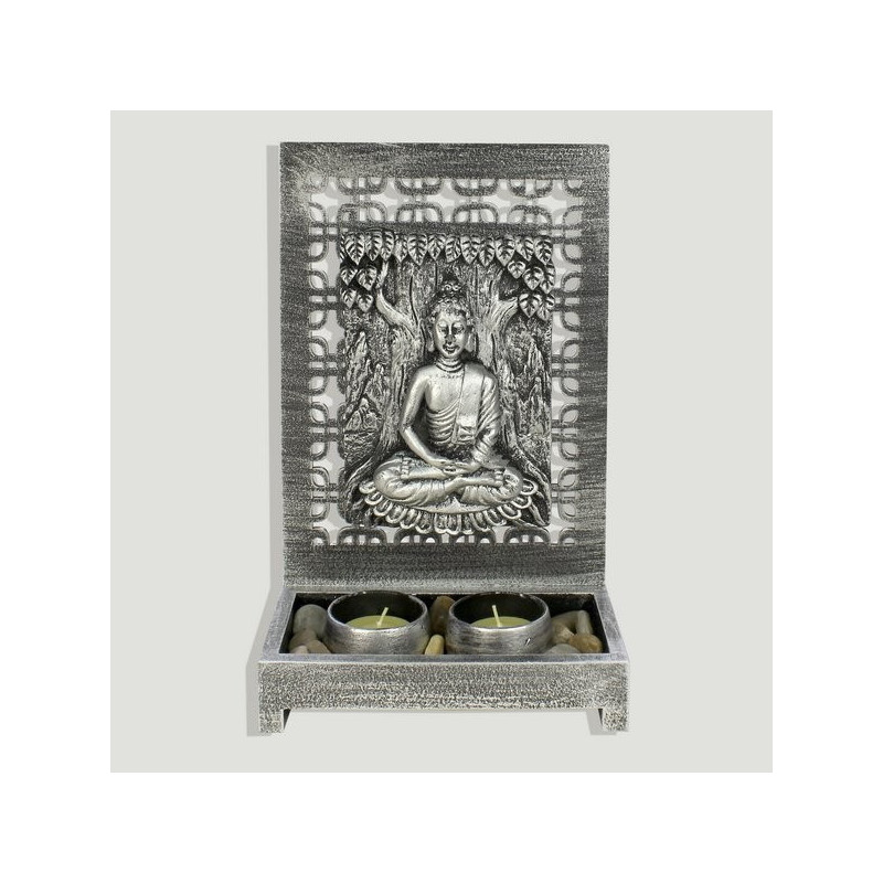 Portavelas madera y resina buda plateado. 2 velas 18,5x9,5x27cm Portavelas madera y resina buda plateado. 2 velas 18,5x9,5x27cm