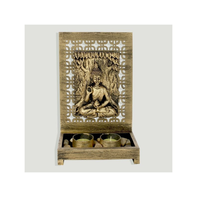 Portavelas madera y resina buda dorado. 2 velas 18,5x9,5x27cm Portavelas madera y resina buda dorado. 2 velas 18,5x9,5x27cm